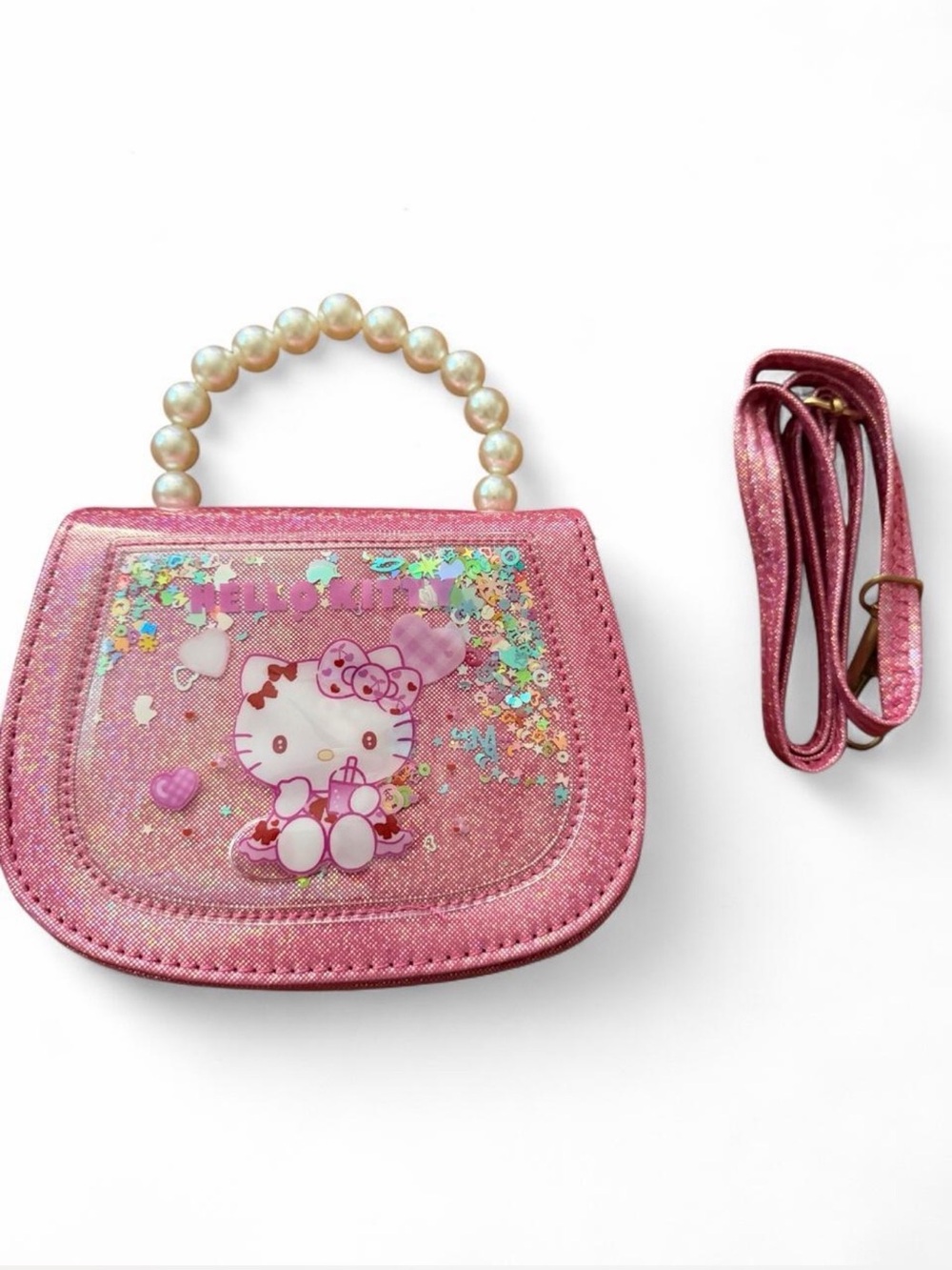 Hello Kitty Pink Glitter Pearl Handle Kids Purse with Detachable Strap